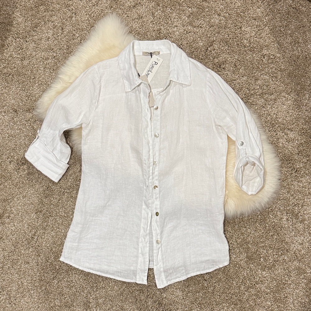 NWT Puro Lino White Full Linen Button-Up Shirt iridescent buttons Size S